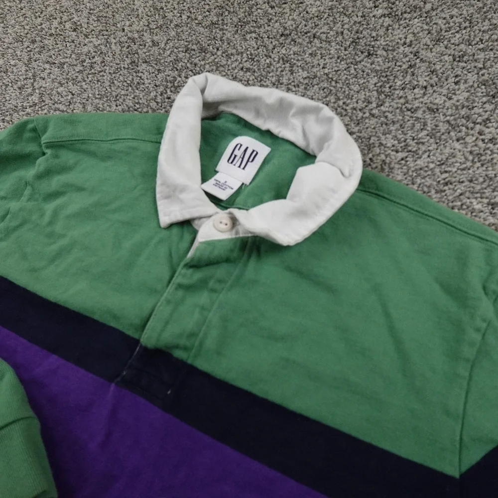 Gap Rugby Shirt‎ Mens S Green Purple Stripe Long Sleeve Polo Casual Preppy Y2K